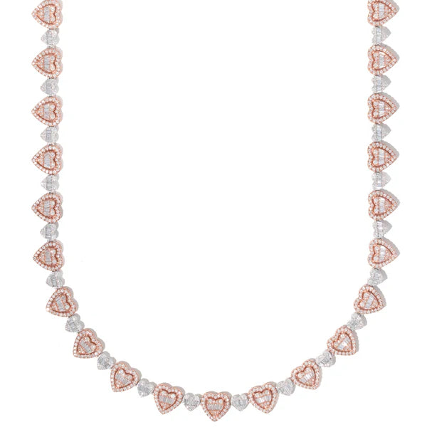 Woman's Heart with Diamonds & Baguettes Neckless - 10K Gold - Rose/White Gold - 7.50 CT 1,356 PCS - 40.14G - 17" inches