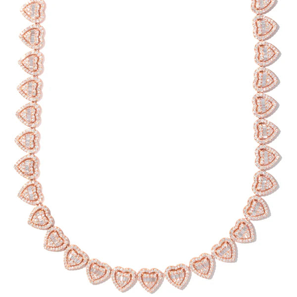 Woman's Heart With Diamonds & Baguettes Neckless - 10K Gold - Rose Gold - 14.88 CT 1,365 PCS - 52.50G - 17" inches