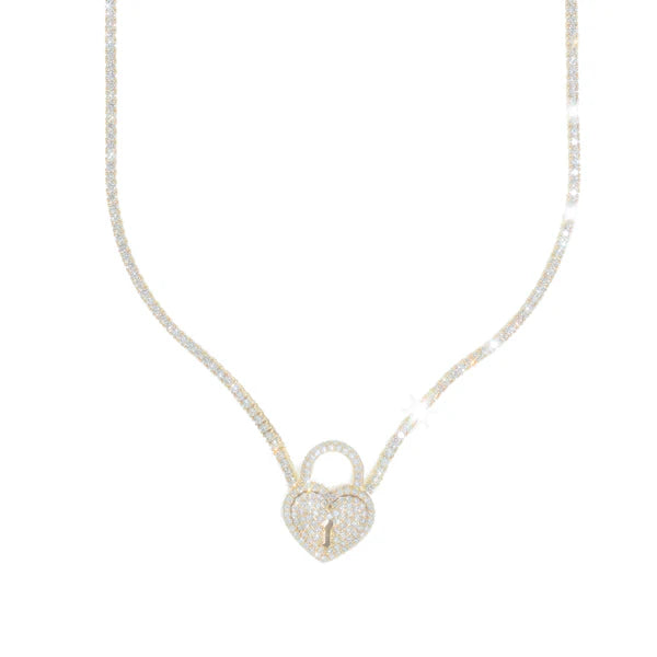 Woman's Tennis Chain With Heart Lock - 14K Gold - Yellow Gold - 18" inches