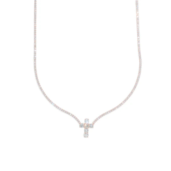 Woman's Tennis Chain With Cross - 14K Gold - Rose Gold - 16" inches
