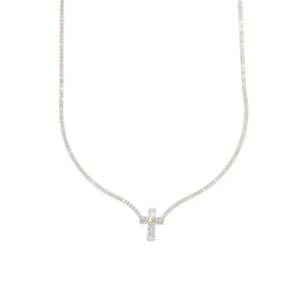 Woman's Tennis Chain With Cross - 14K Gold - Yellow Gold - 16" inches