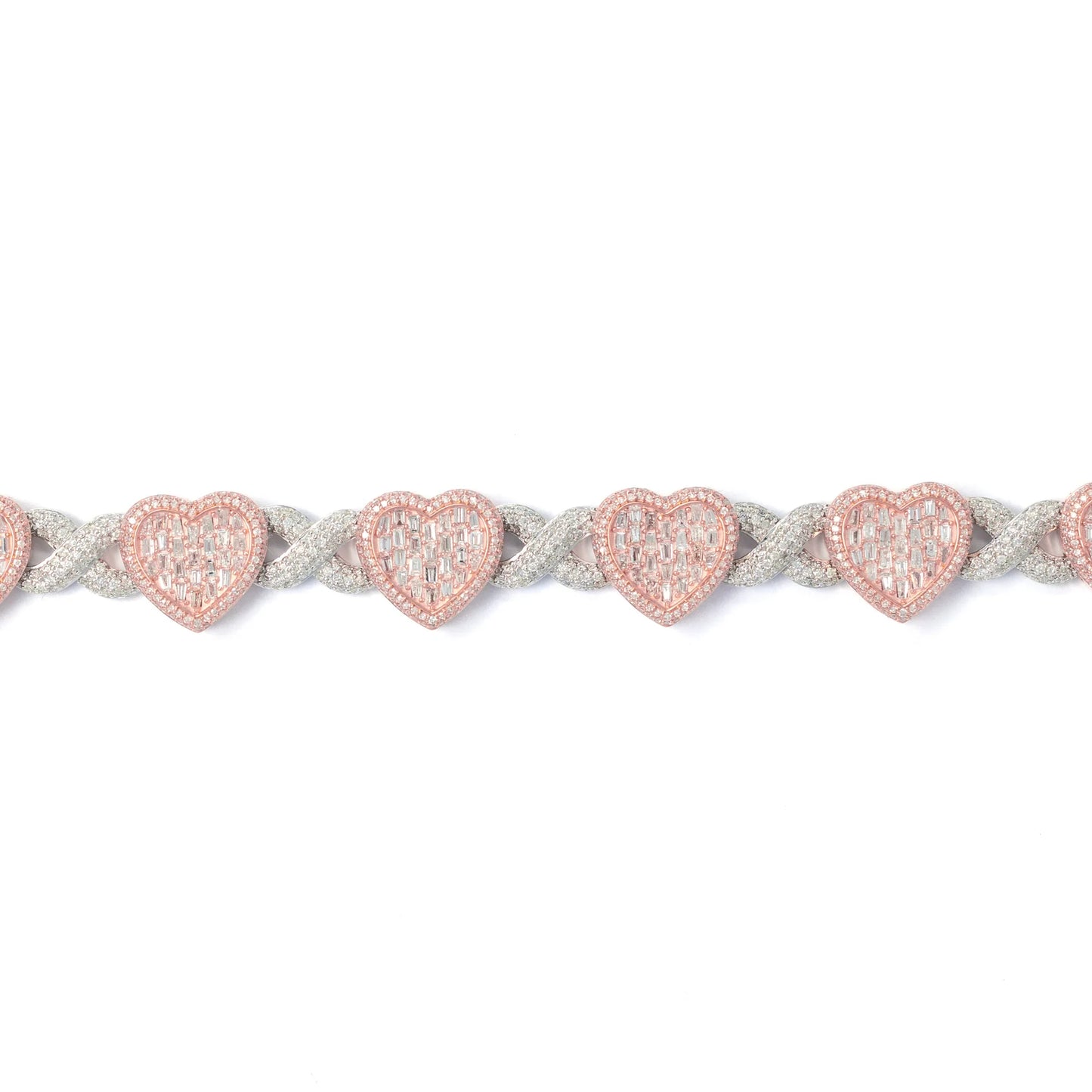 2 Tone Heart Bracelet - 10K - White & Rose Gold 38.70g - D 7.50 CT - 8 inches