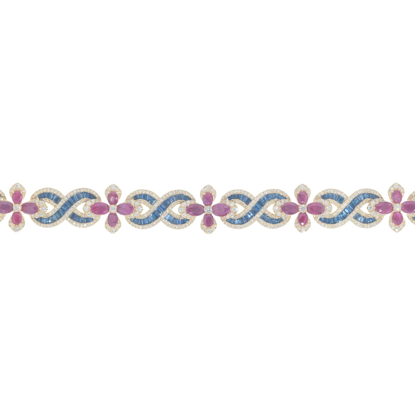 Infinity Link Bracelet With Diamond's, Ruby's & Sapphire's - 10K - Yellow Gold 61.65 g - D 5.0 ct | S 7.19 ct | R 11.12 ct - 8 inches