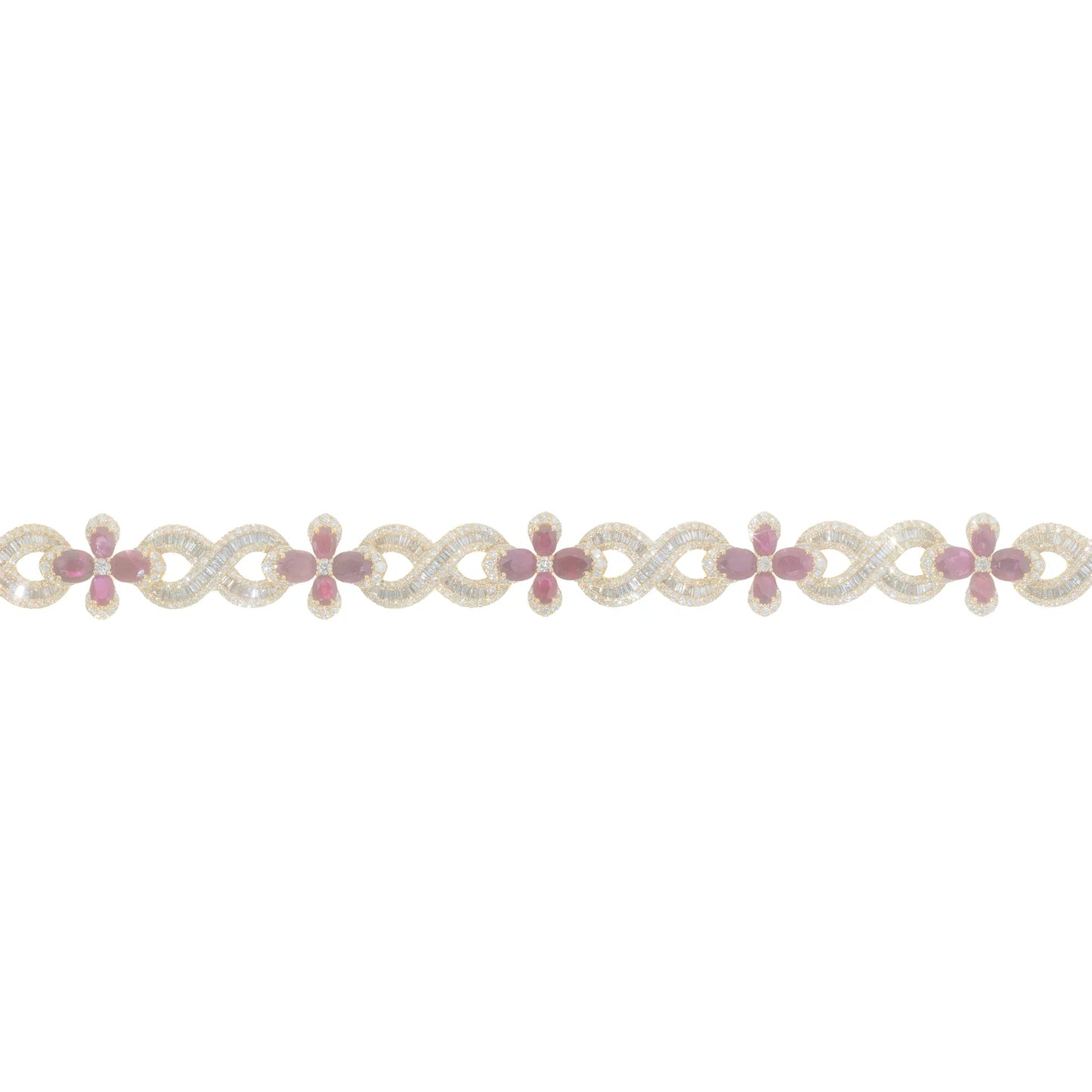 Infinity Link Bracelet With Diamond’s, Ruby’s & Baguette’s - 10K - Yellow Gold 46.01g - D 5.16 ct / R 10.0 ct - 8 inches