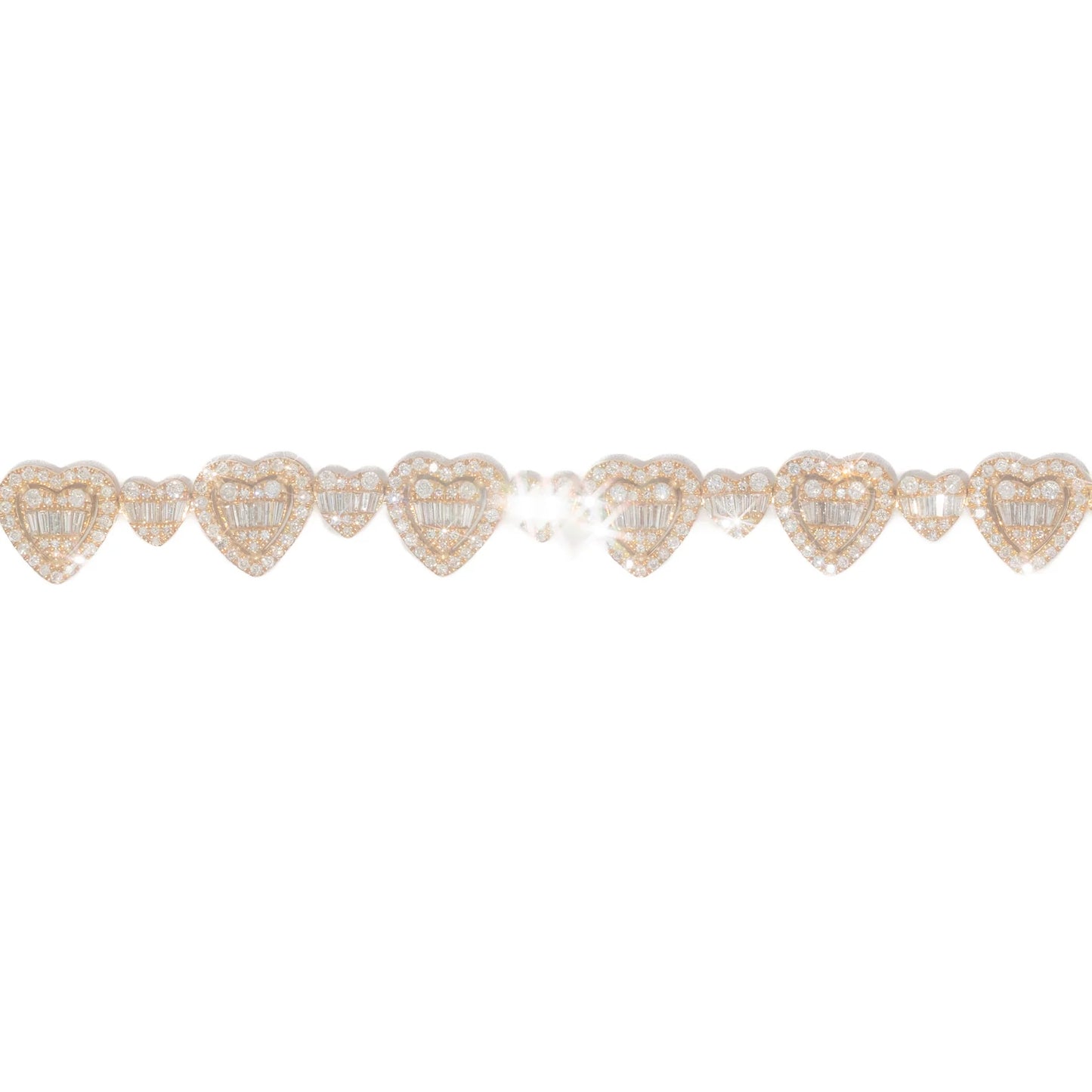 Heart Bracelet With Baguettes - 10K - Yellow / White / Rose Gold 16.31g - D 3.21 CT - 7.5 inches