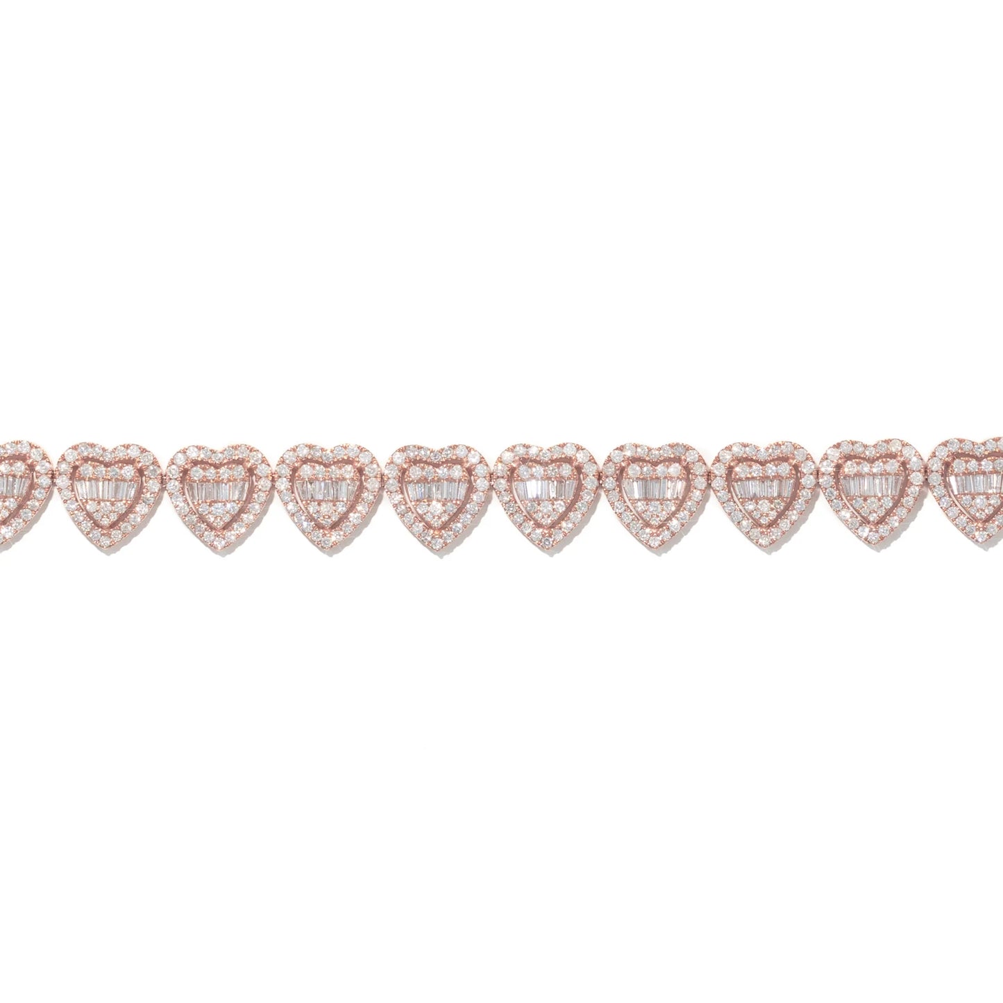 Heart Bracelet With Baguettes - 10K - Rose Gold 23.5g - D 6.55 CT - 8 inches