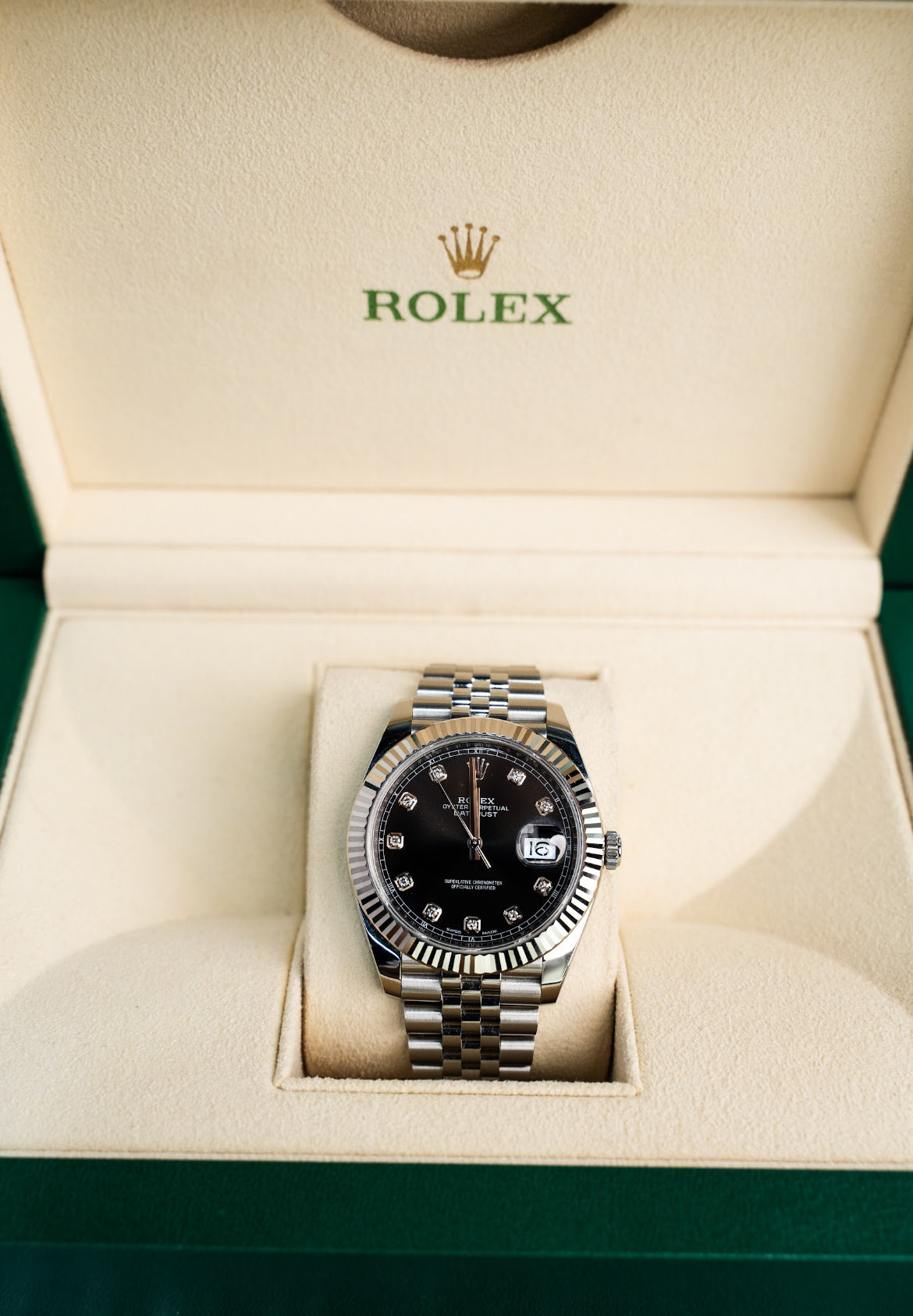 2024 Rolex Datejust Oyster Perpetual 41mm, Black Dial, Diamond Hour makers, White Gold fluted bezel