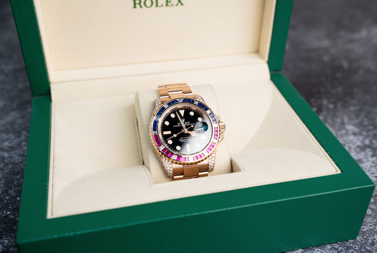 GMT-Master II Rose Gold Diamond Black Dial 40mm