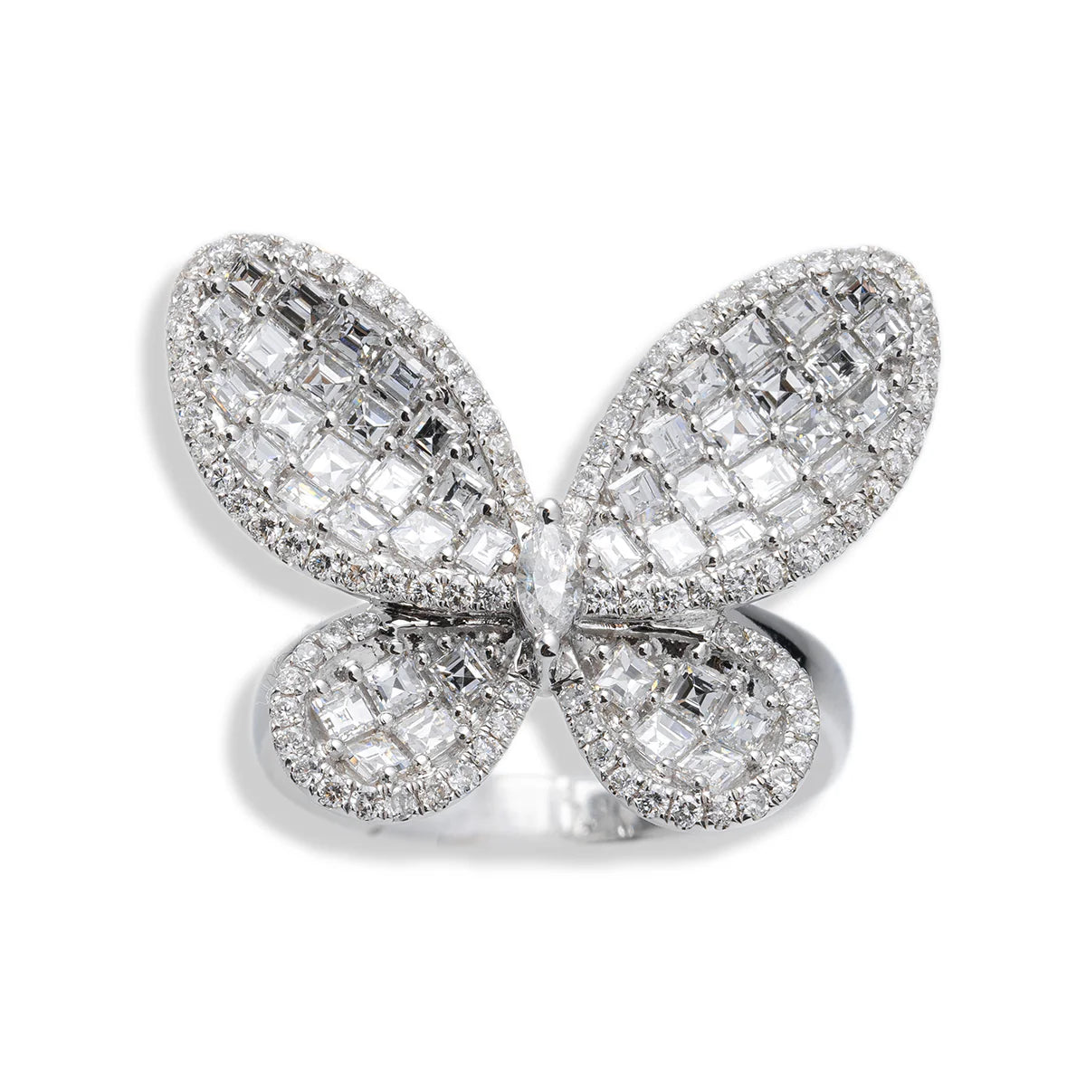 Butterfly Ring With Round and Asscher Cut Diamonds – 18K – White Gold 5.7 g – D 1.21 CT