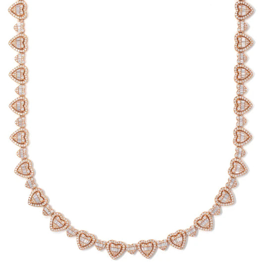 Woman's Heart Neckless With Diamonds And Baguettes - 10K Gold - Rose Gold - DIA 7.90 Ct - 39.20G - 17" inches