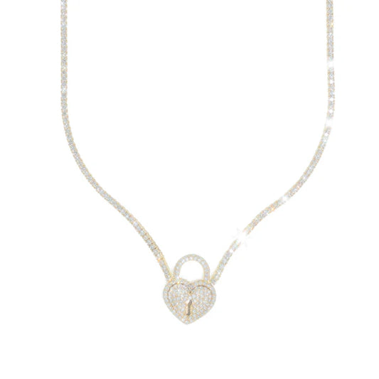 Woman's Tennis Chain With Heart Lock - 14K Gold - Yellow  Gold - 18" inches