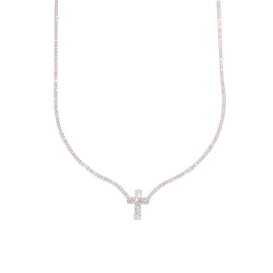 Woman's Tennis Chain With Cross - 14K Gold - Rose Gold - 16" inches