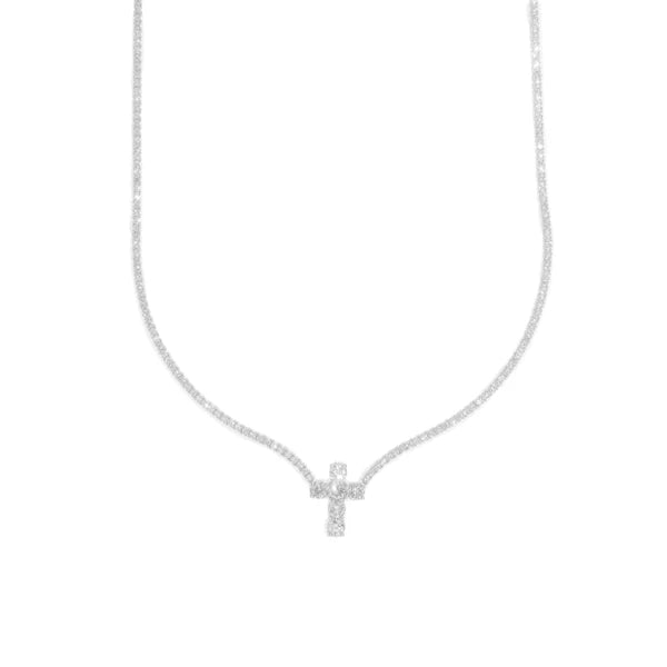 Woman's Tennis Chain With Cross - 14K Gold - White Gold - 16" inches
