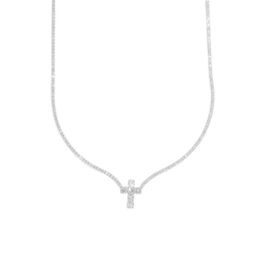 Woman's Tennis Chain With Cross - 14K Gold - White Gold - 16" inches