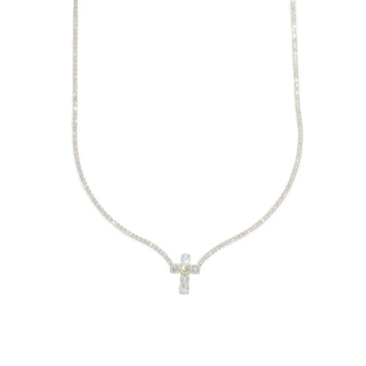 Woman's Tennis Chain With Cross - 14K Gold - Yellow Gold - 16" inches