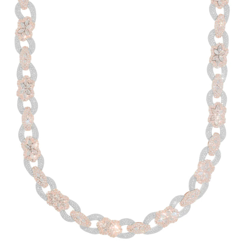 Infinity Link Chain with Flowers - 10K Gold - White/Rose Gold - 146.40G - DIA 17.86CT - 22" inches