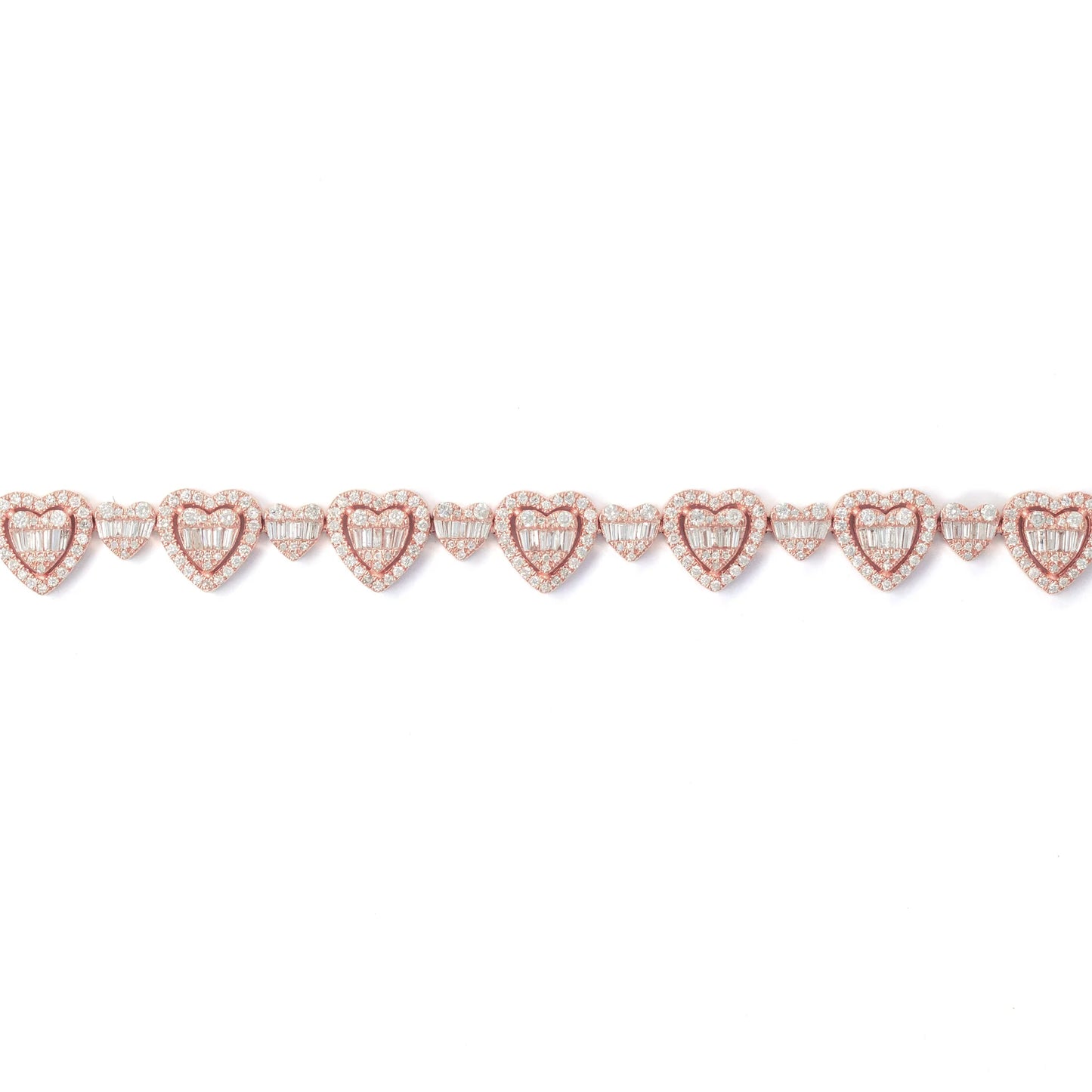 Heart Bracelet With Diamonds & Baguettes - 10K - Rose Gold 16.10g - D 3.30 CT - 8 inches
