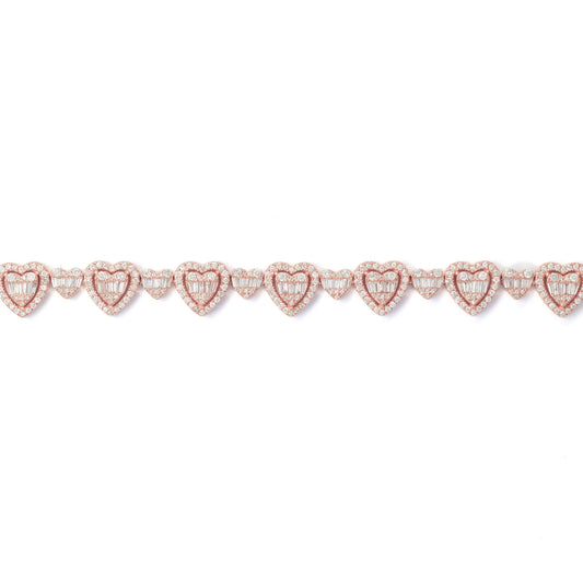 Heart Bracelet With Diamonds & Baguettes - 10K - Rose Gold 16.10g - D 3.30 CT - 8 inches