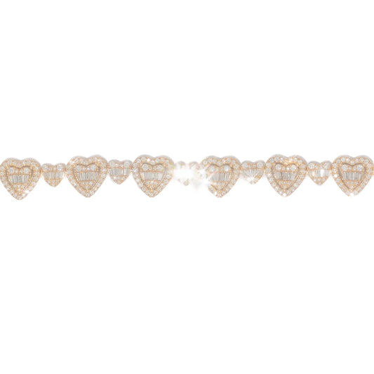 Heart Bracelet With Baguettes - 10K - Yellow / White / Rose Gold 16.31g - D 3.21 CT - 7.5 inches