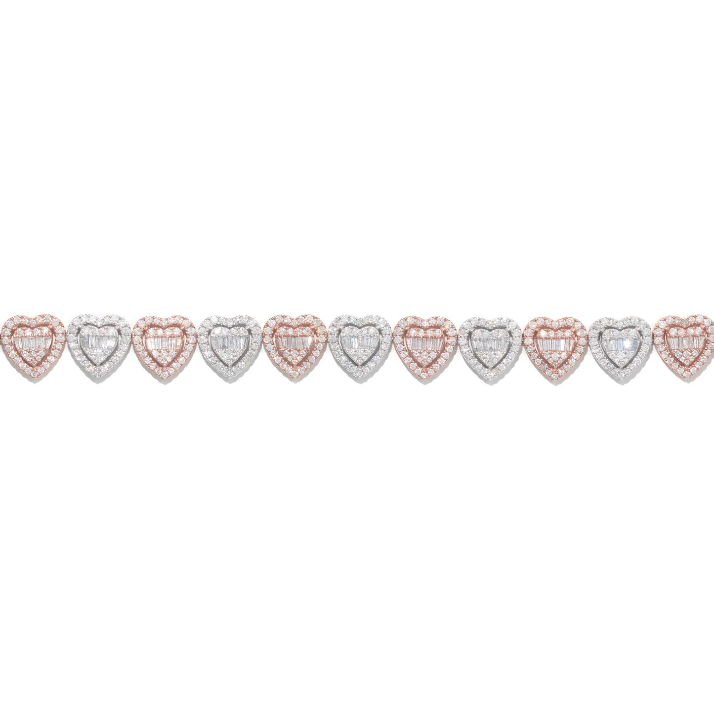 Heart Bracelet With Diamonds Baguettes - 10K - White / Rose Gold 23.5g - D 6.55 CT - 8 inches