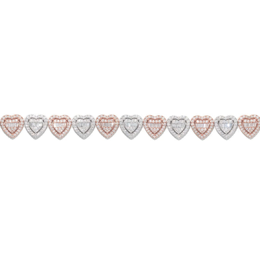 Heart Bracelet With Diamonds Baguettes - 10K - White / Rose Gold 23.5g - D 6.55 CT - 8 inches