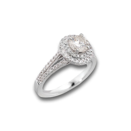 Engagement Ring With Diamond Center Stone – 18K – White Gold 5 g – D 0.39 CT / Center 0.75 CT