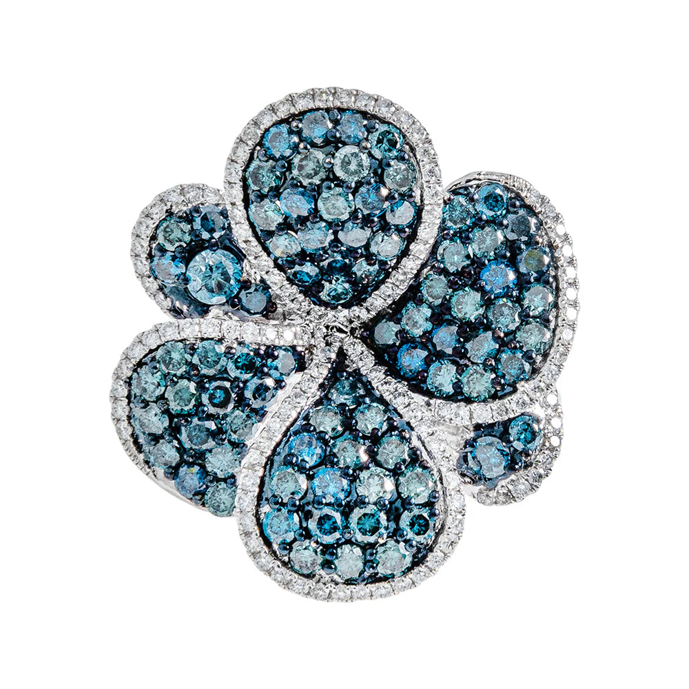 Flower Ring With Blue Diamonds – 18K – White Gold 11.2 g – D 0.58 CT / Blue D 2.77 CT