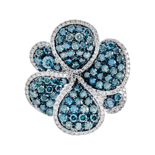 Flower Ring With Blue Diamonds – 18K – White Gold 11.2 g – D 0.58 CT / Blue D 2.77 CT